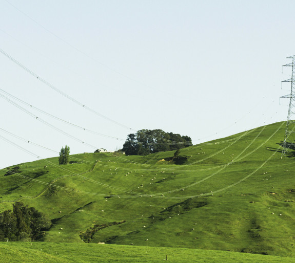 Power pylons on green hills